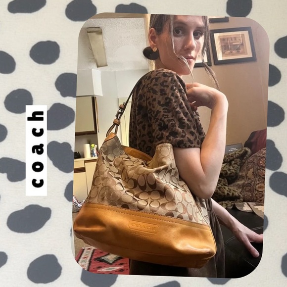 Coach • brown leather & woven adjustable shoulder bag with classic “C” allover - Picture 3 of 16